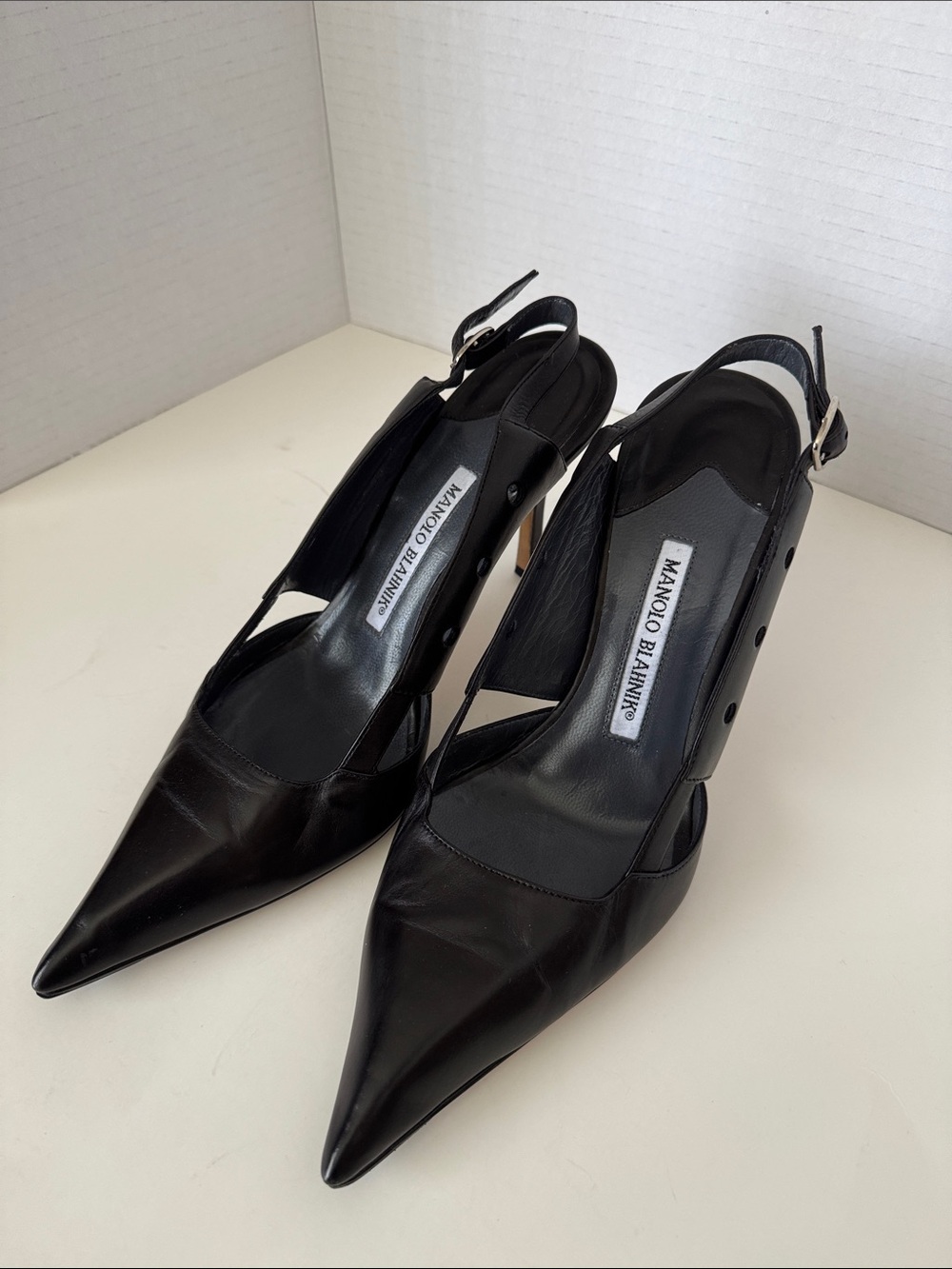 Manolo Blahnik Black Pointed Slingback Pumps with Cutout Sides - Picture 8 of 9